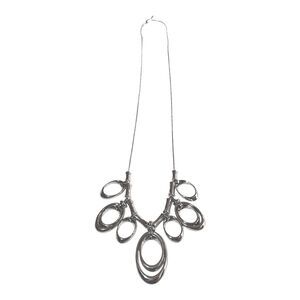 Bold Chunky Silver Tone Abstract Oval Statement Necklace Adjustable Up To 14”